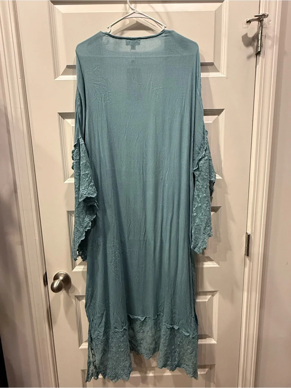GiGiO Open-Front Lace-Trim Duster Kimono in a dusty teal - Picture 5 of 11